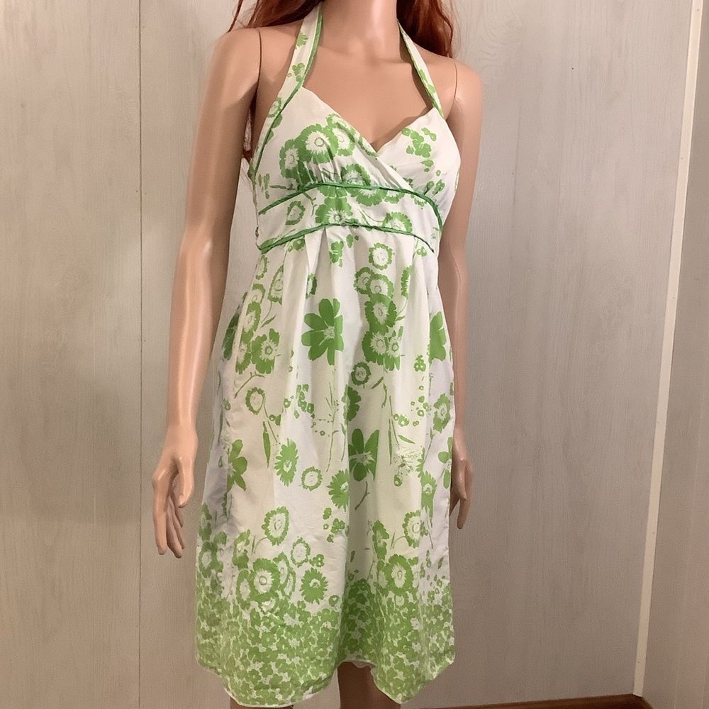(5 for $25) iZ Byer white/green cotton lined halter dress size 5